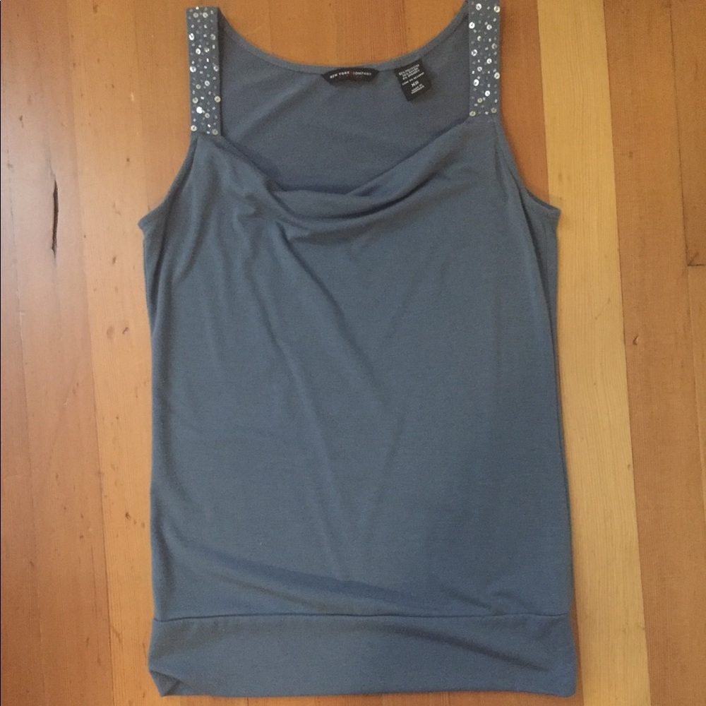 Blue gray drape-neck sequined strap tank, XS